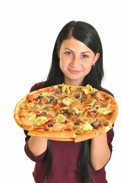 Schönes Mädchen isst Pizza zum Mittagessen isoliert auf weiß — Stockfoto