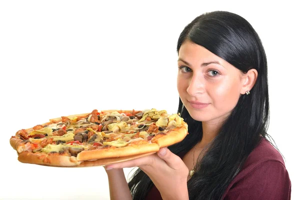 Güzel kız beyaz izole öğle yemeği için pizza yemek Telifsiz Stok Imajlar