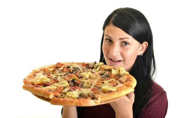 Güzel kız beyaz izole öğle yemeği için pizza yemek Stok Fotoğraf