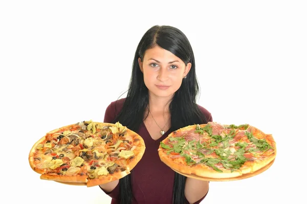 Güzel kız beyaz izole öğle yemeği için pizza yemek Telifsiz Stok Imajlar