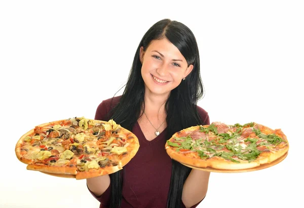 Güzel kız beyaz izole öğle yemeği için pizza yemek - Stok İmaj
