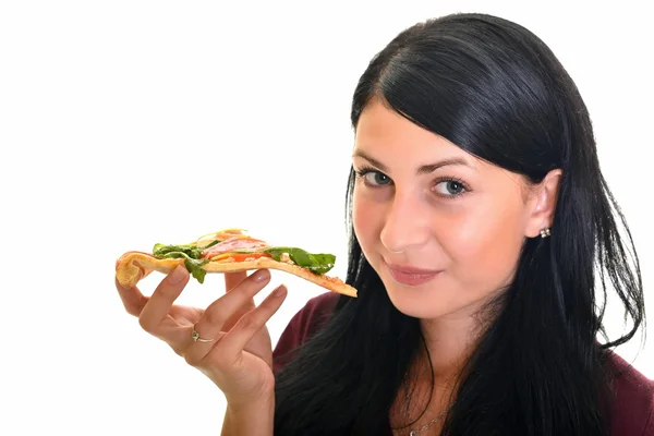 Krásná dívka, jíst pizzu k obědu — Stock fotografie