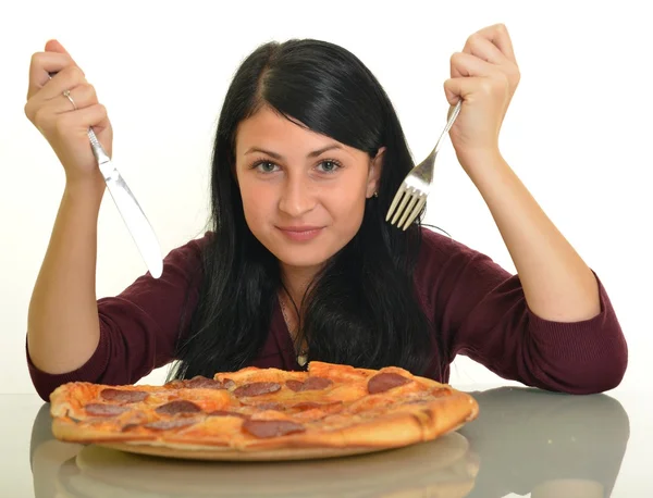 Beautiful girl eating pizza for lunch — Stock Photo, Image
