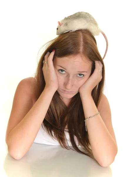 Woman with her pet rat — Stock Photo, Image