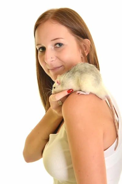 Mujer con su mascota rata — Foto de Stock