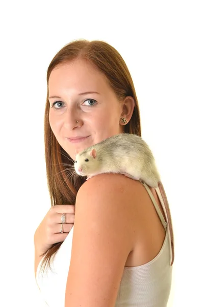 Mujer con su mascota rata — Foto de Stock