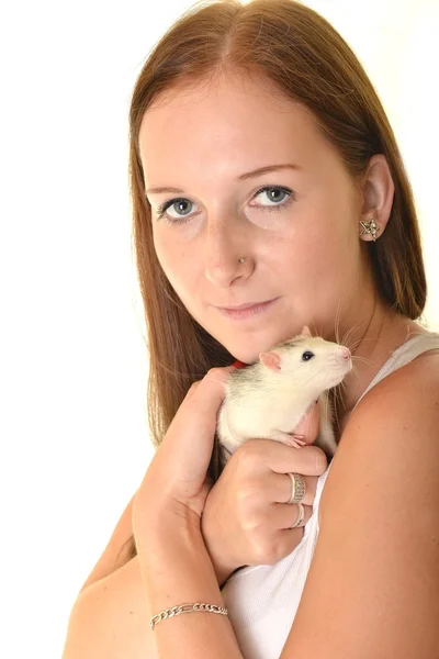 Frau mit ihrem Haustier Ratte — Stockfoto