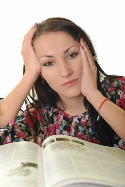 Mujer joven con libros, aislada en blanco —  Fotos de Stock