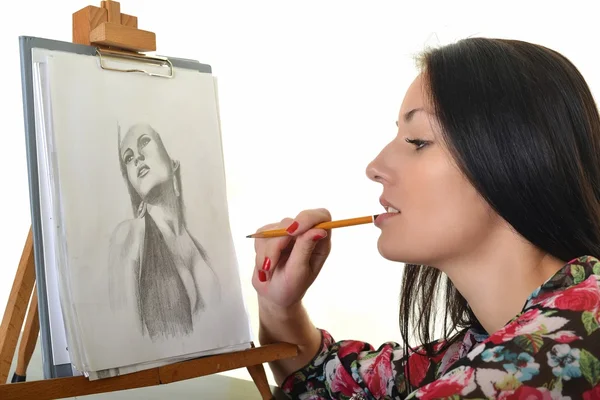 Woman painting with pencil on canvas for fun at home — Stock Photo, Image