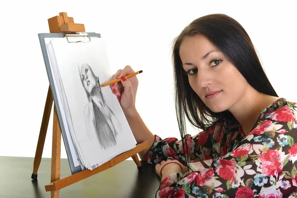 Woman painting with pencil on canvas for fun at home — Stock Photo, Image