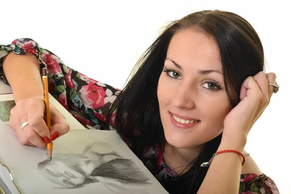 Woman painting with pencil on canvas for fun at home — Stock Photo, Image