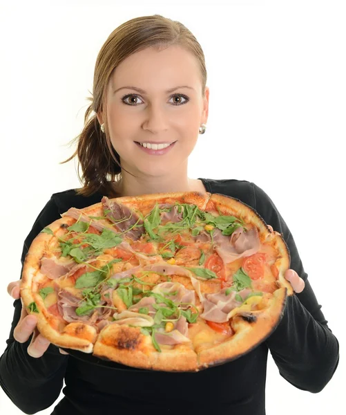 Portrait d'une jeune femme mangeant une pizza sur fond blanc — Photo
