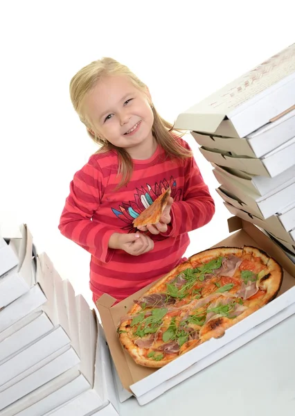 Glücklich kleines Mädchen Pizza essen - weißer Hintergrund — Stockfoto