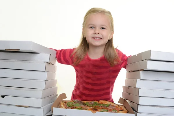 Happy little girl eating pizza - white background — Stock Photo, Image