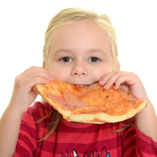 Bonne petite fille manger de la pizza - fond blanc — Photo