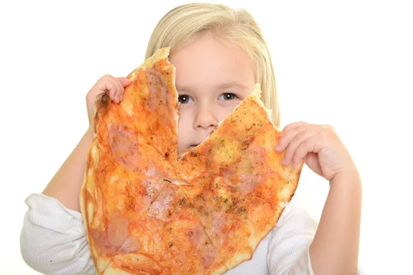 피자-흰색 배경을 먹고 행복 한 어린 소녀 — 스톡 사진