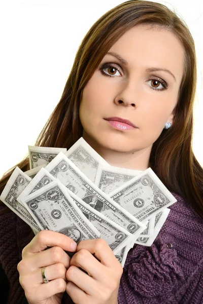 Hübsche Frau hält Fächer aus Geld und überlegt — Stockfoto