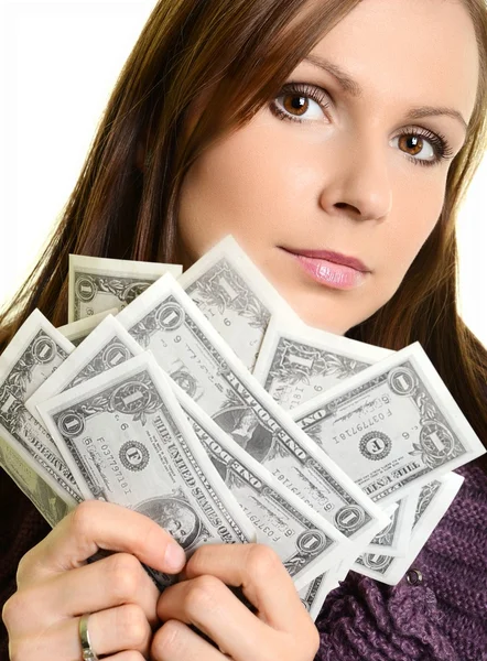 Mujer bonita sosteniendo ventilador hecho de dinero y contemplando — Foto de Stock