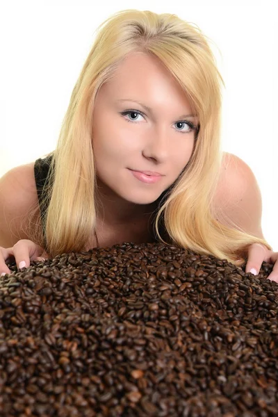 Coffee. Beautiful Girl with Coffee beans Stock Image
