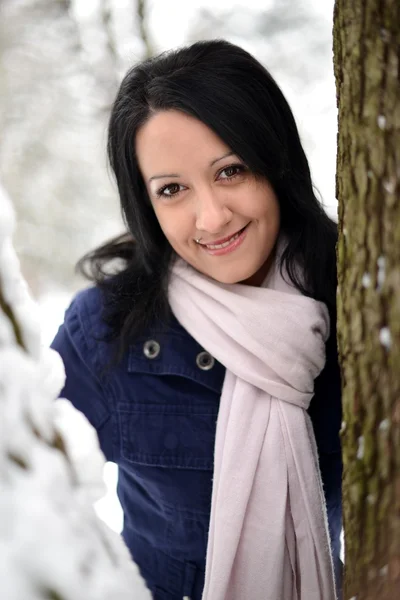 Snow winter woman portrait outdoors on snowy white winter day. — Stock Photo, Image