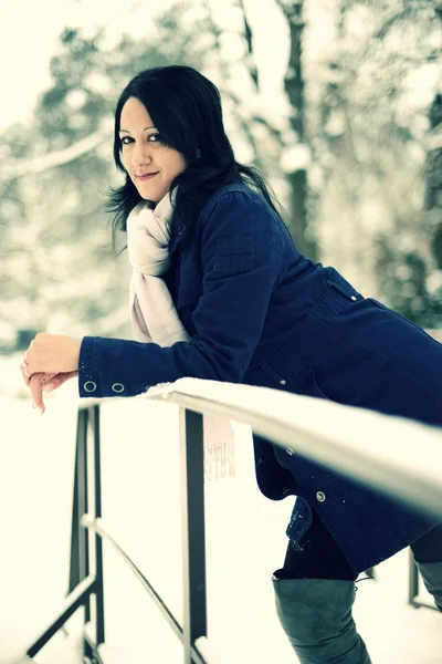 雪の白い冬の日に屋外の雪冬女性の肖像画. — ストック写真