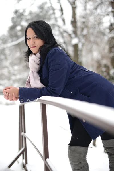 Neige hiver femme portrait à l'extérieur sur enneigé blanc jour d'hiver . — Photo