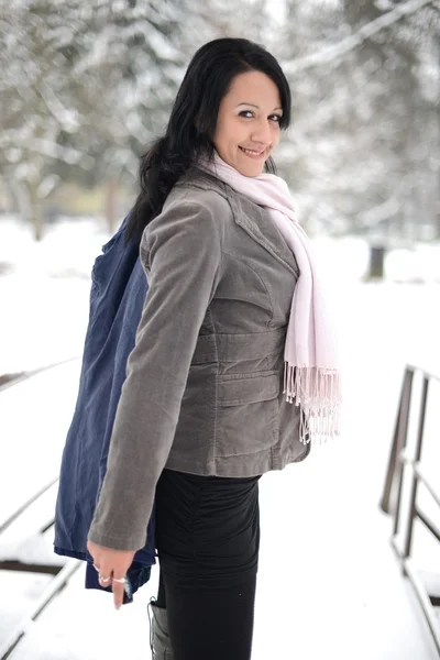 Snow winter woman portrait outdoors on snowy white winter day. — Stock Photo, Image