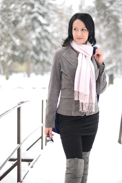 Snow winter woman portrait outdoors on snowy white winter day. — Stock Photo, Image