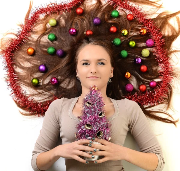 Mulher com árvore de Natal — Fotografia de Stock