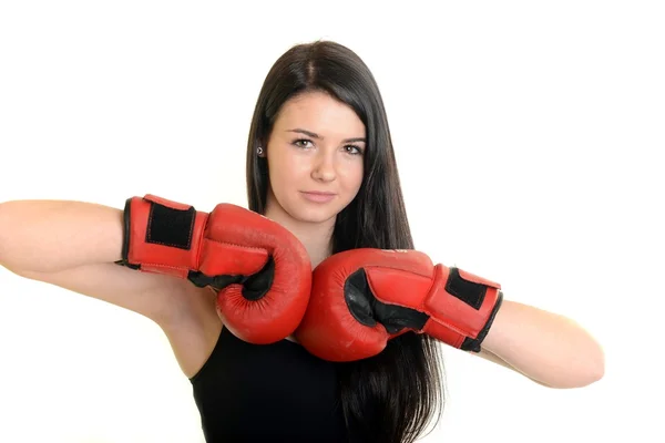 Young beautiful woman with boxing gloves at workout isolated on white — Stock Photo, Image