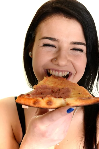 Κορίτσι τρώει ένα νοστιμότατο πίτσα — Φωτογραφία Αρχείου