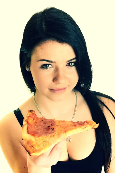 Menina comendo uma pizza deliciosa — Fotografia de Stock