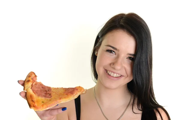 Ragazza mangiare una deliziosa pizza — Foto Stock