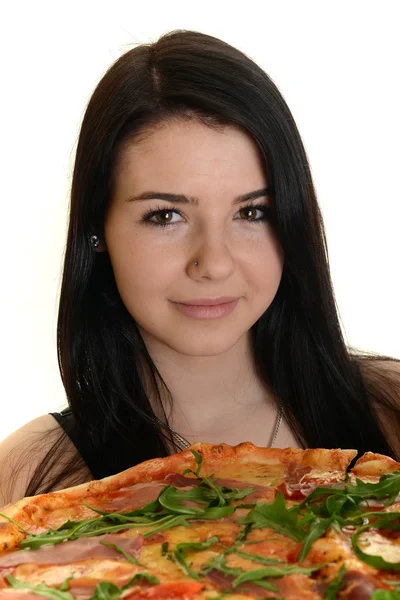 Menina comendo uma pizza deliciosa — Fotografia de Stock