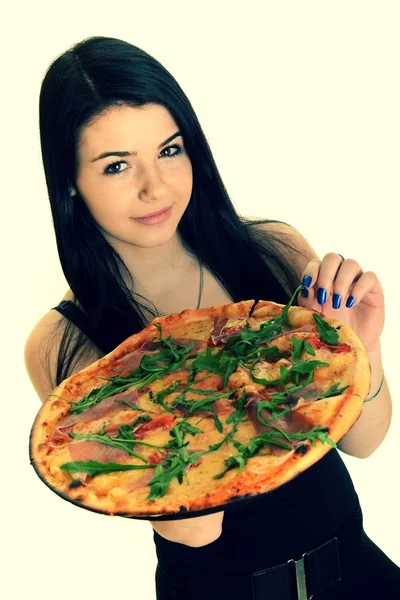 Menina comendo uma pizza deliciosa — Fotografia de Stock