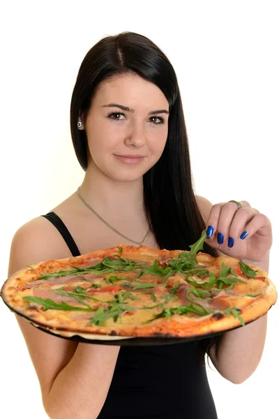 Menina comendo uma pizza deliciosa — Fotografia de Stock