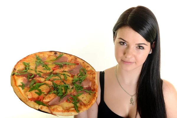 Lány egy finom pizzát eszik — Stock Fotó