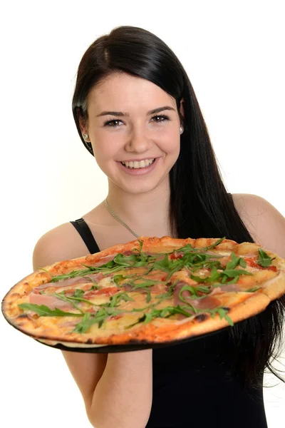 Menina comendo uma pizza deliciosa — Fotografia de Stock