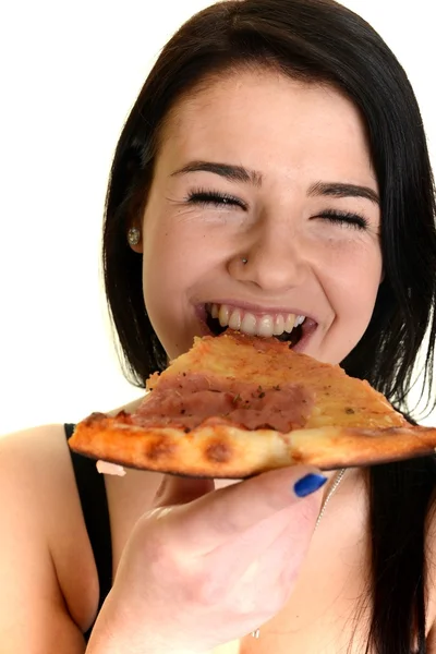 Ragazza mangiare una deliziosa pizza Foto Stock