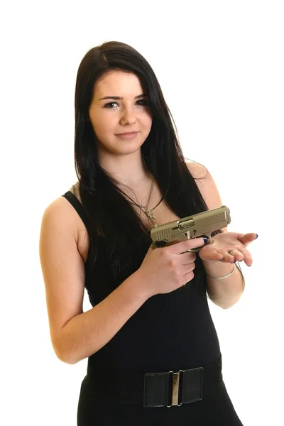 Young beautiful woman with a gun — Stock Photo, Image