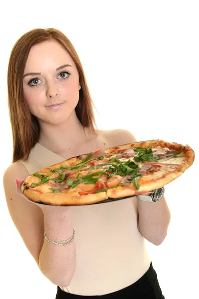 맛 있는 피자를 먹는 여자 — 스톡 사진