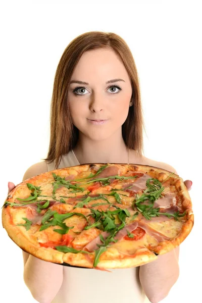 Tjej äter en läcker pizza — Stockfoto