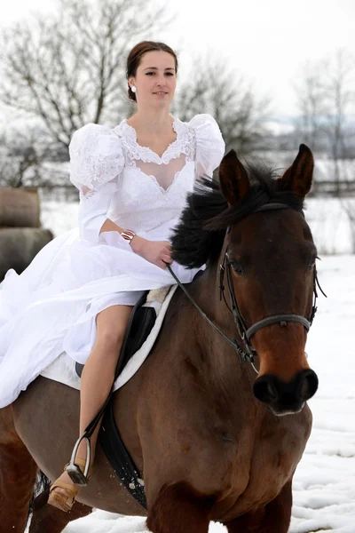 Retrato de uma bela noiva e cavalo — Fotografia de Stock