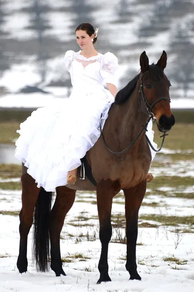 Portrait of a beautiful bride and horse — Stock Photo, Image