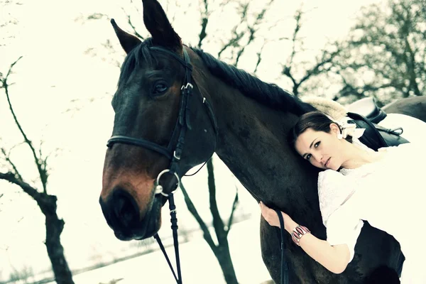 Portrait of a beautiful bride and horse — Stock Photo, Image