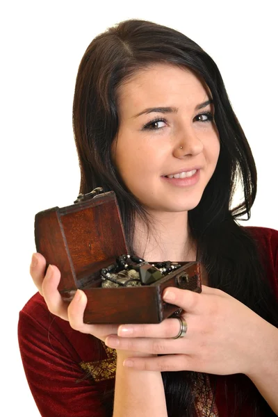 Young caucasian woman and retro jewelry box — Stock Photo, Image