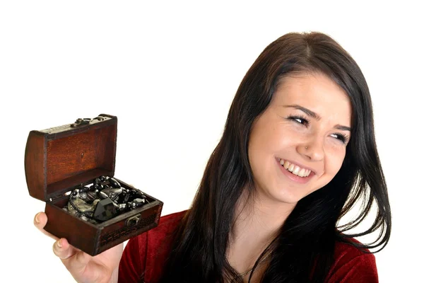 Young caucasian woman and retro jewelry box — Stock Photo, Image