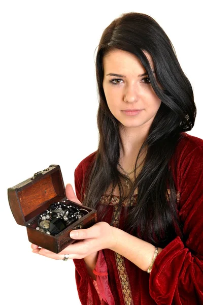 Young caucasian woman and retro jewelry box — Stock Photo, Image