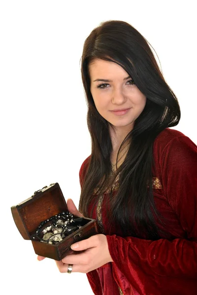 Young caucasian woman and retro jewelry box — Stock Photo, Image