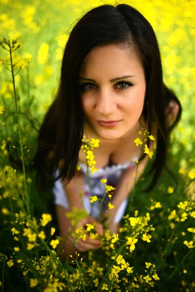 Niña en un campo de flores amarillas — Foto de Stock